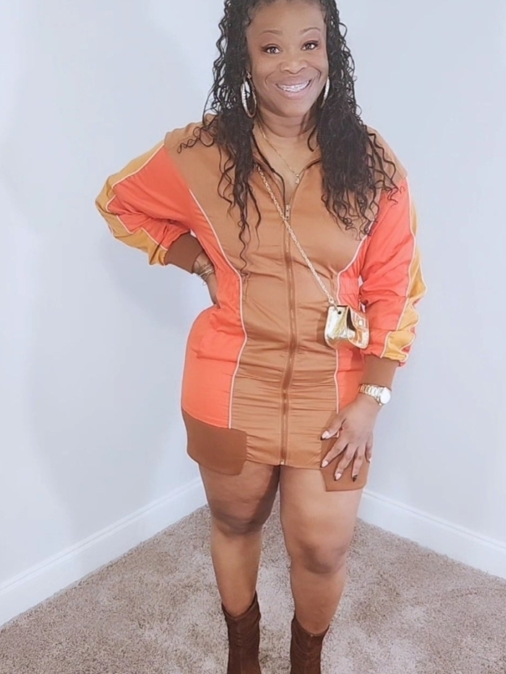 Colorblock Zip-Front Women's Jacket Dress in Orange & Brown